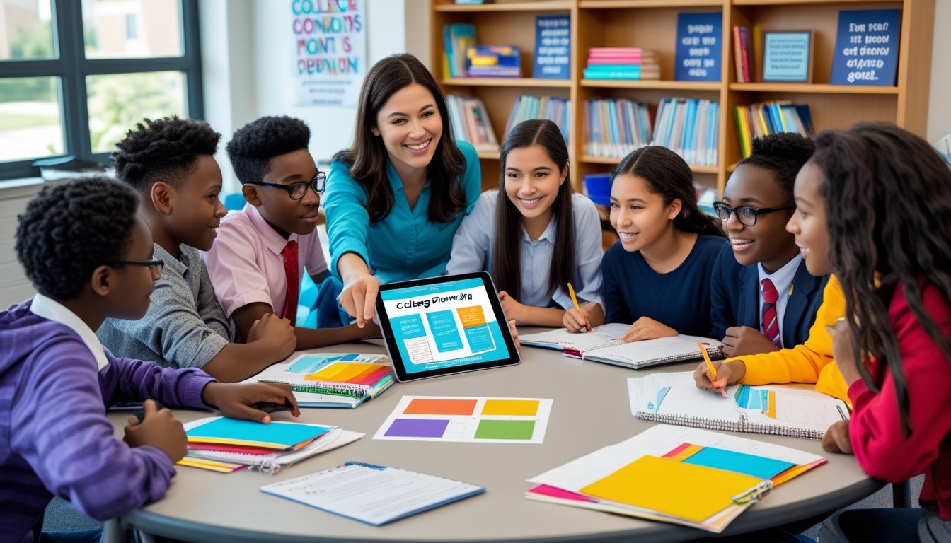 Young students sitting around a table in a classroom with a teacher guiding them in a college planning activity.