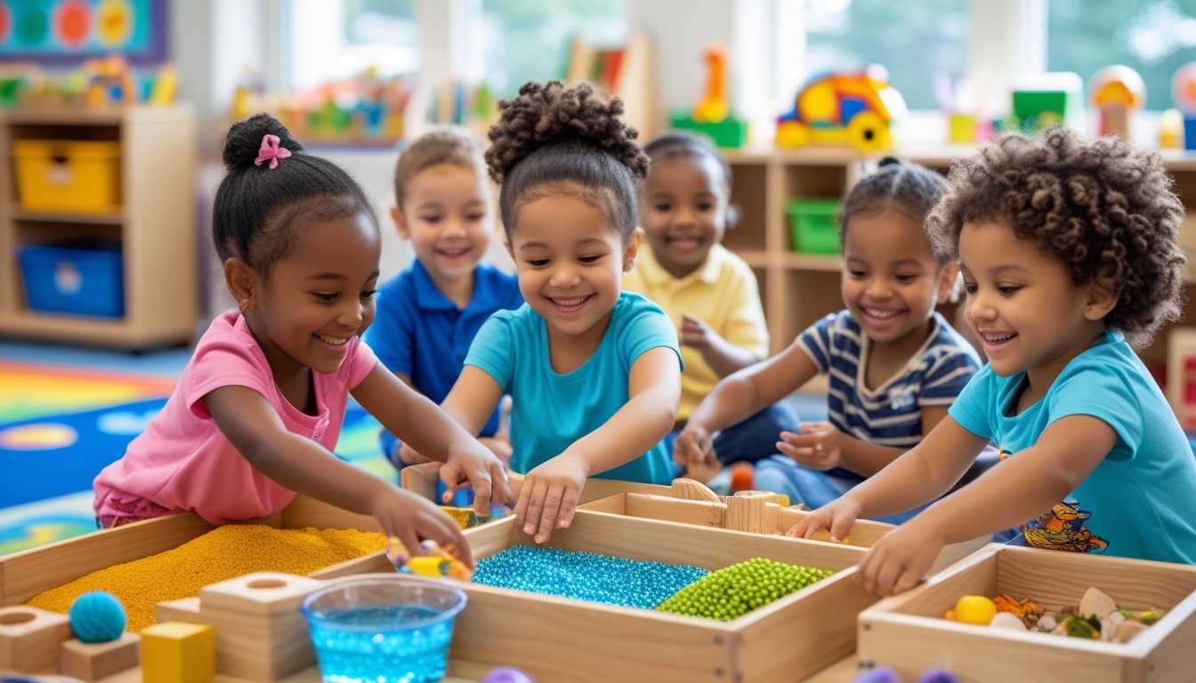 Young children playing with colourful sensory materials and toys in a bright classroom, exploring and learning together.