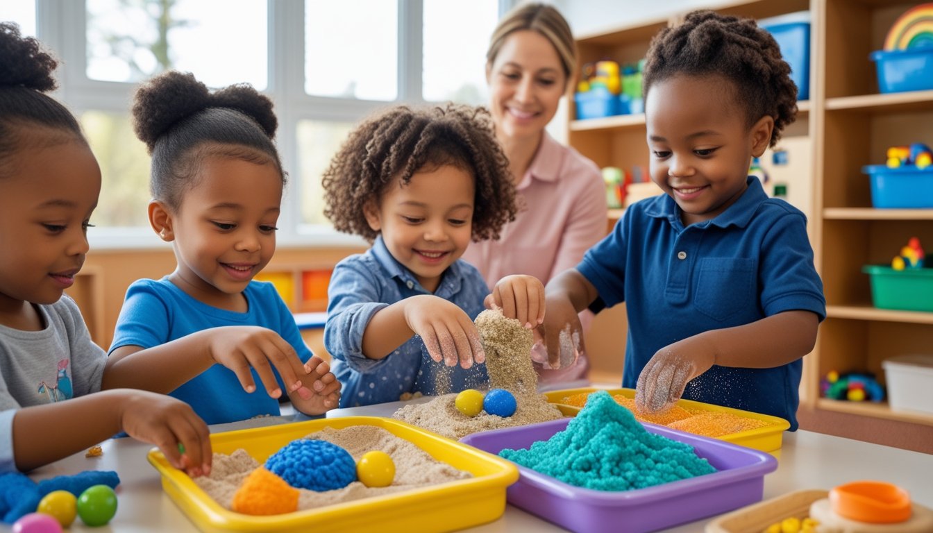 Young children playing with colourful sensory materials in a bright classroom, exploring and learning together.