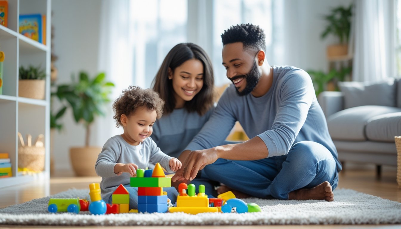 A parent attentively playing with a young child using educational toys in a bright living room.