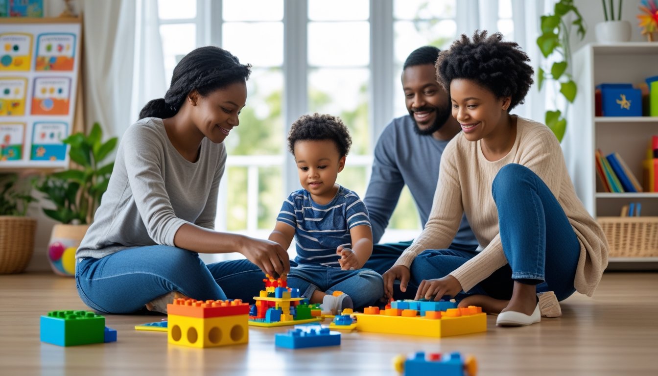 A parent and child playing with educational toys on the floor in a bright, welcoming home while another parent watches supportively.