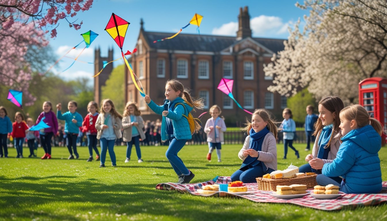 Children and families enjoying traditional British school holiday activities outdoors in a park with kites, picnic, and a historic school building in the background.