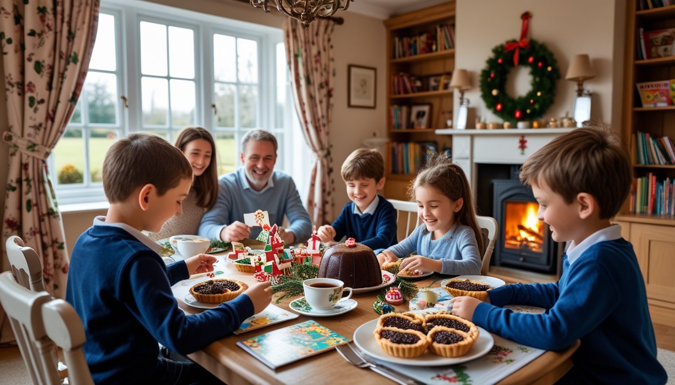 A family enjoying traditional British school holiday activities around a table with festive food and decorations in a cosy living room.