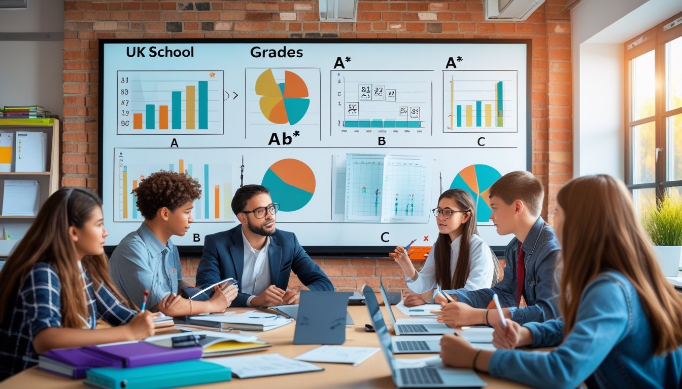 A teacher explains school grading concepts to attentive students in a modern classroom with educational materials and a digital whiteboard.