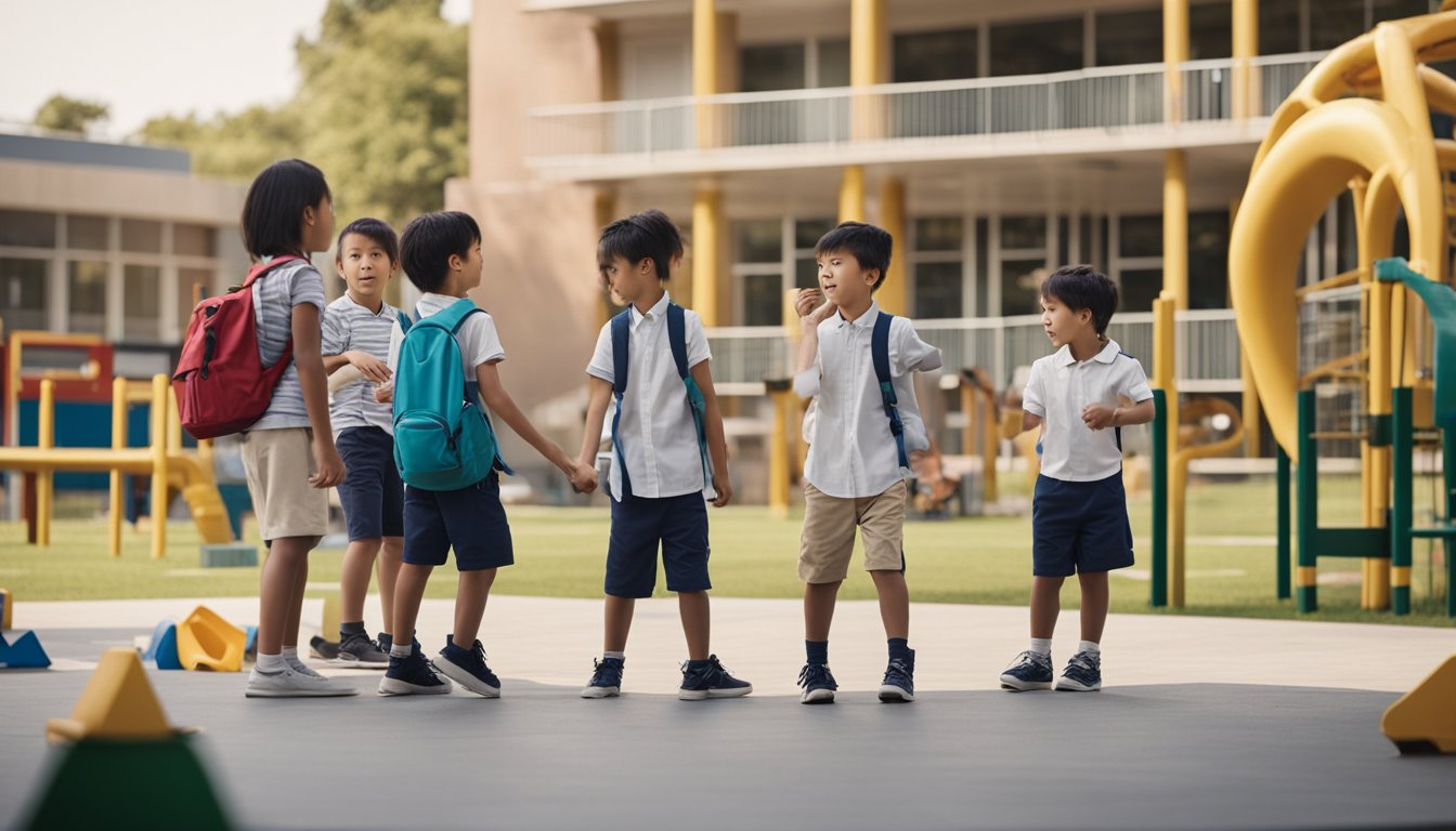 A group of children participate in various school activities, such as playing on the playground, attending a classroom lesson, and interacting with teachers and classmates