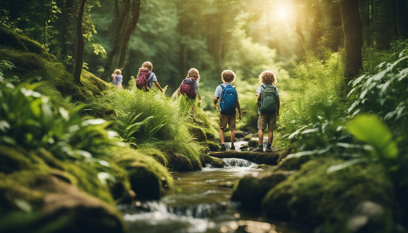 A group of children exploring a lush forest, with a stream flowing and a variety of plants and animals in the background