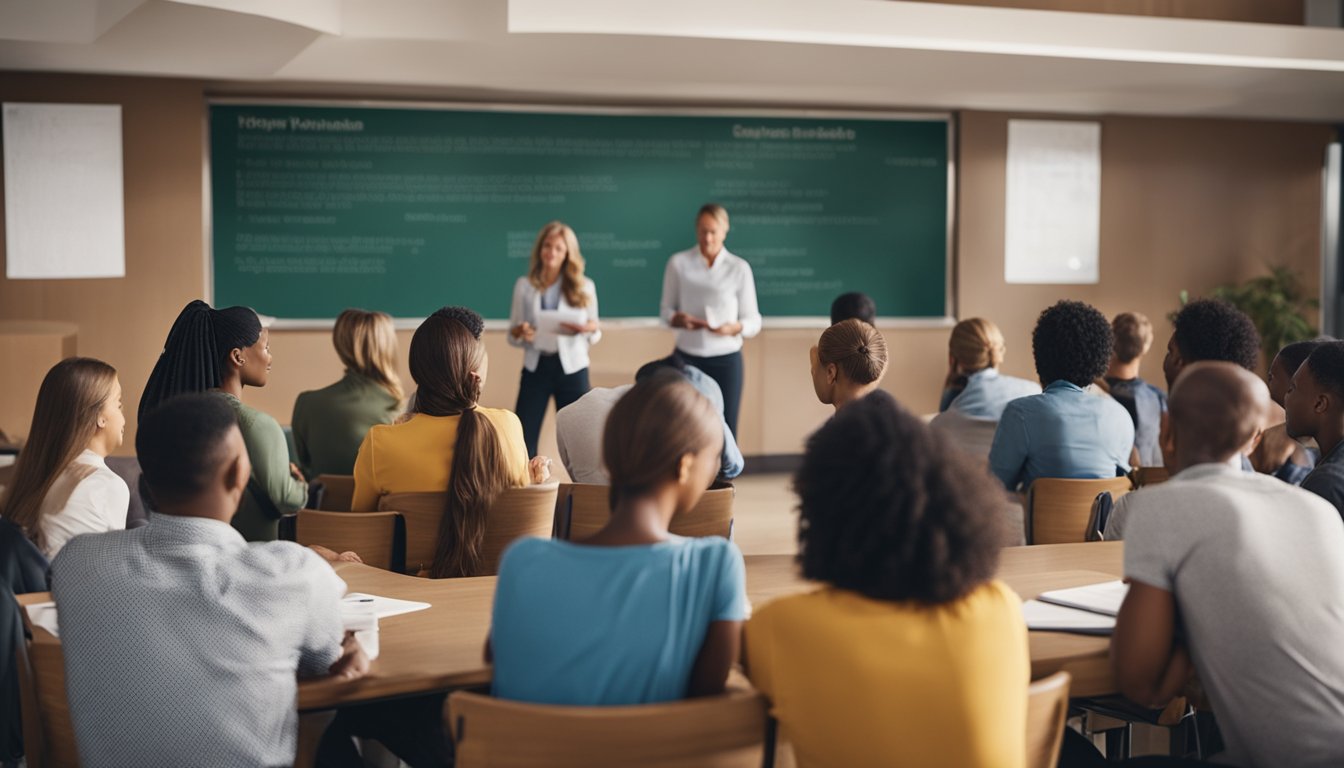 A group of parents and teachers gather in a school auditorium, discussing and planning upcoming events. A bulletin board displays information and sign-up sheets