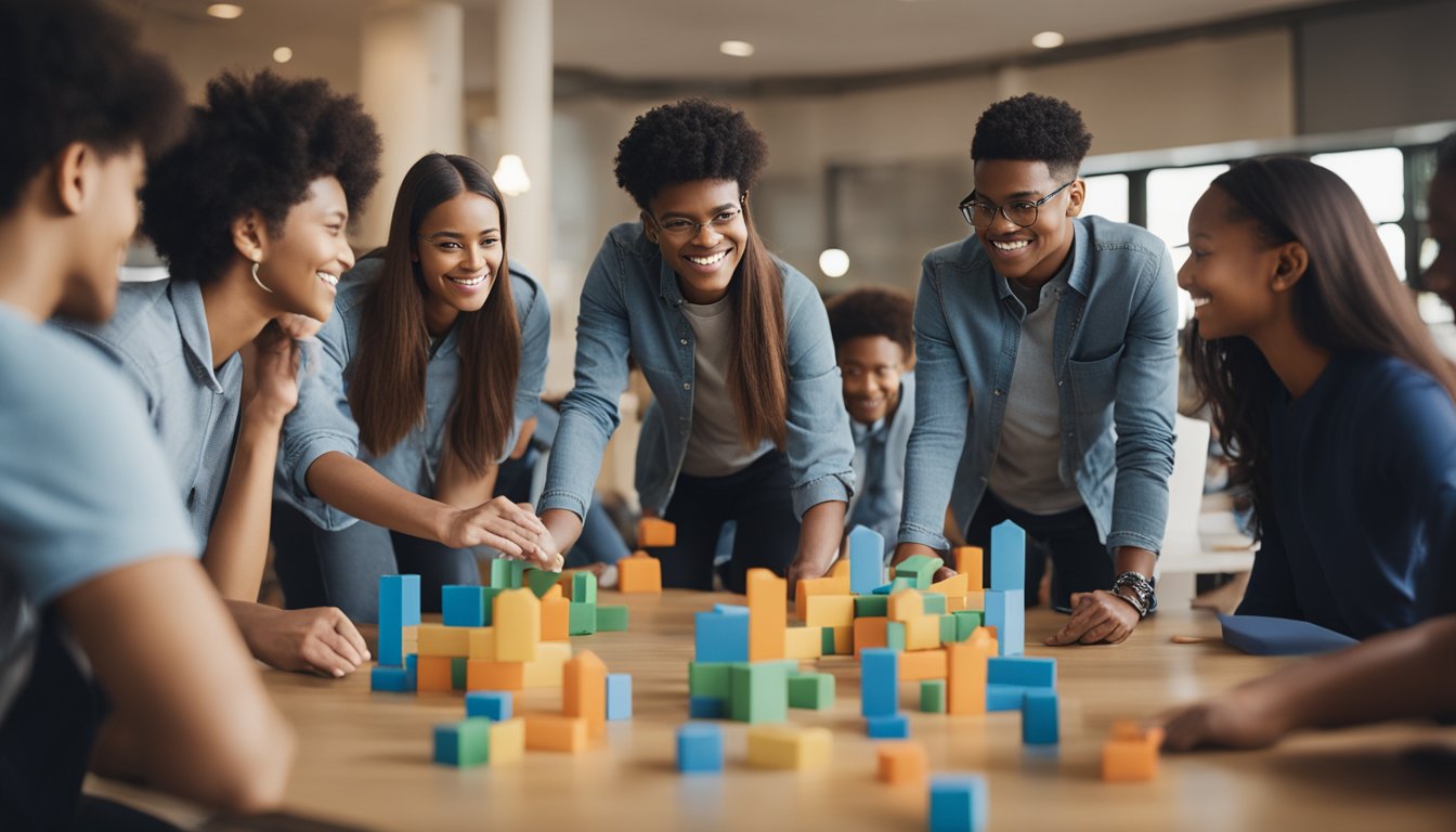 A group of diverse young learners engage in team-building activities, problem-solving exercises, and collaborative projects in a supportive and inclusive environment