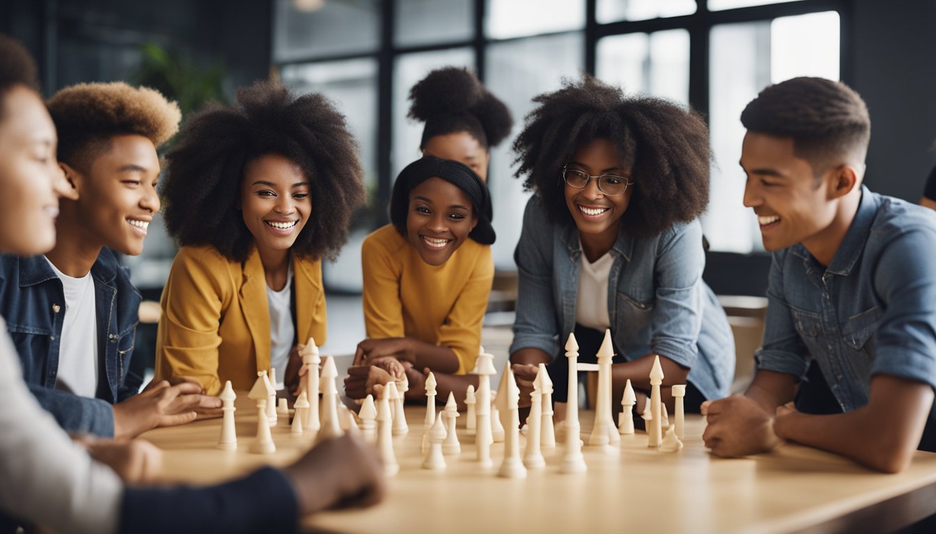 A group of diverse young learners engaged in team-building activities and problem-solving exercises, led by an enthusiastic mentor