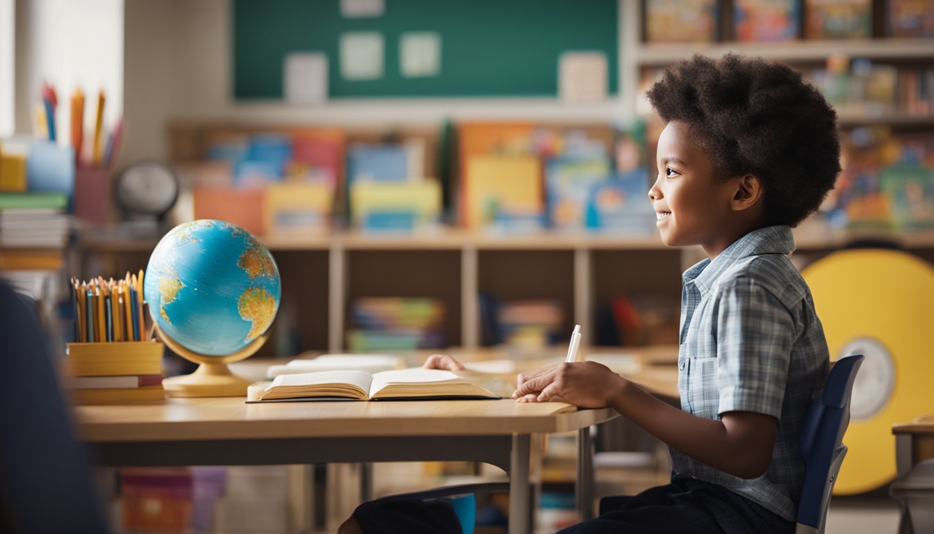 A child sits at a desk, surrounded by books and school supplies. A parent stands nearby, offering encouragement and assistance. The room is filled with natural light and colorful educational posters