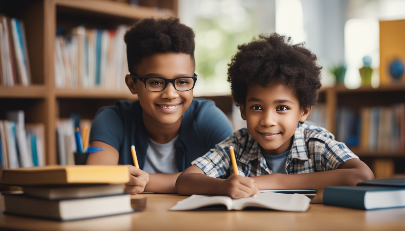 A child sitting at a desk surrounded by books and school supplies, with a parent standing nearby offering guidance and support