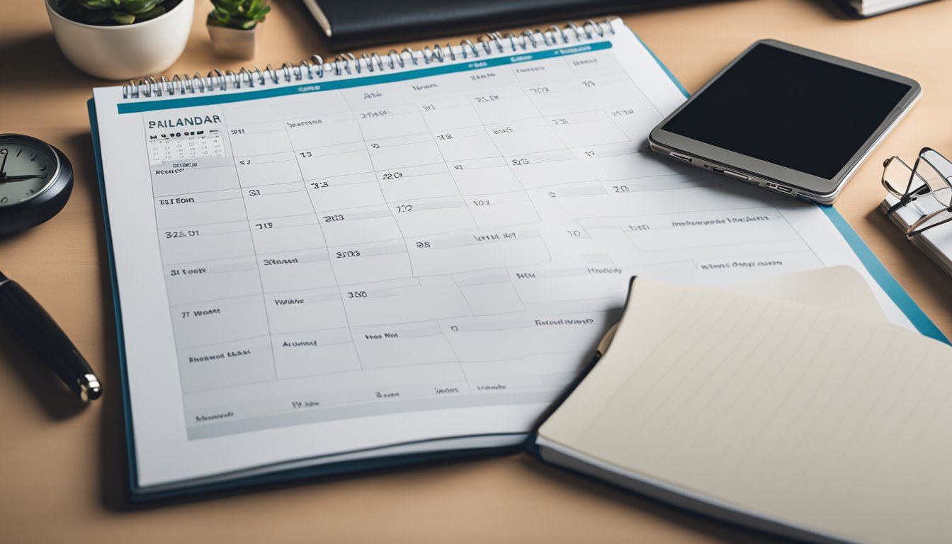 A clutter-free desk with a calendar, planner, and school books arranged neatly. A clock on the wall shows a designated study time