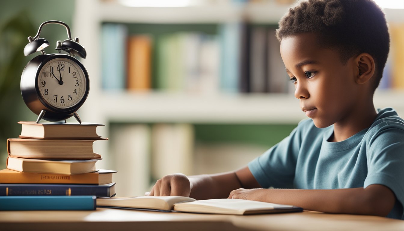 A child's desk with colorful books, a calendar, and a clock. A parent sits nearby, discussing a study schedule with the child