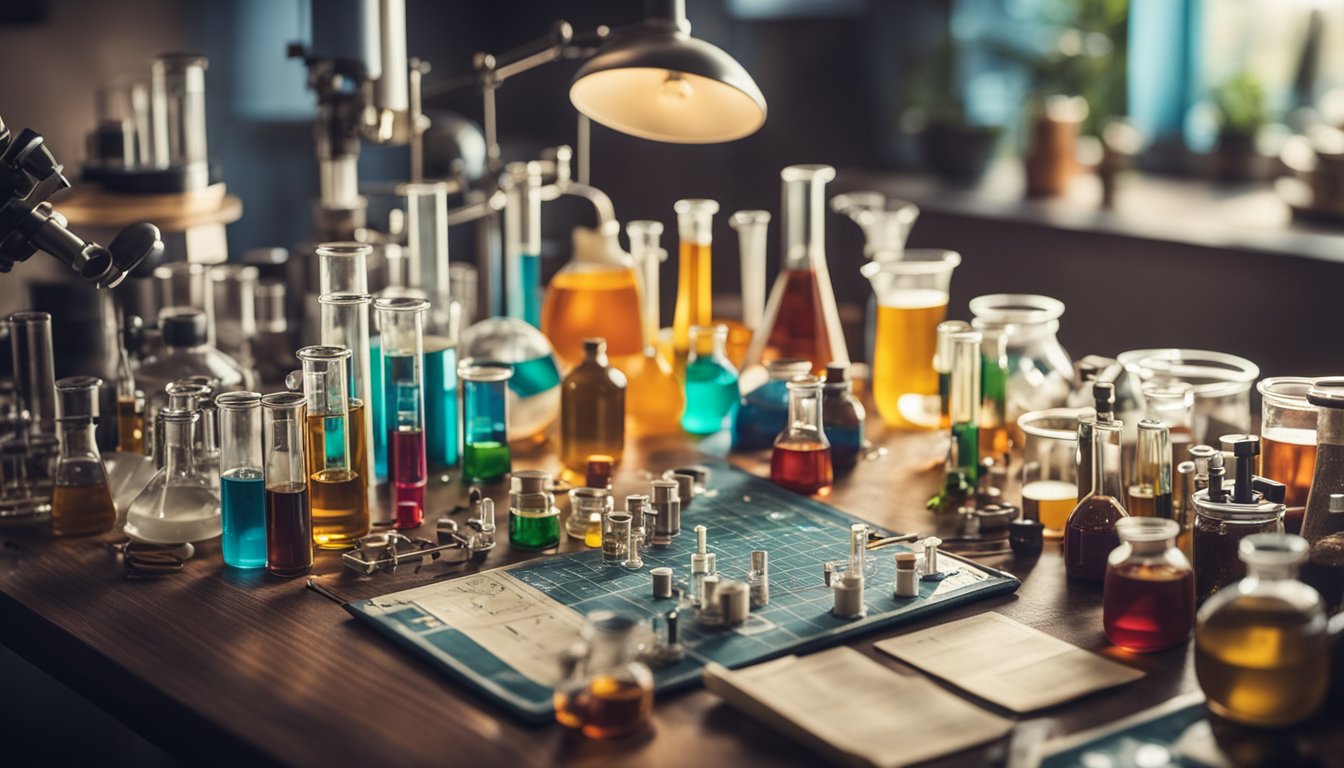 A cluttered home laboratory with beakers, test tubes, and various scientific equipment scattered on a table, surrounded by colorful posters of chemical formulas and diagrams
