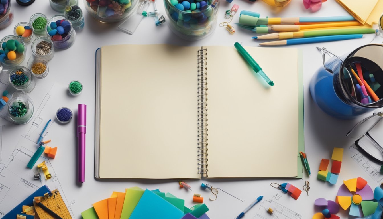 A table covered with colorful science experiment supplies and a child's notebook filled with sketches and ideas