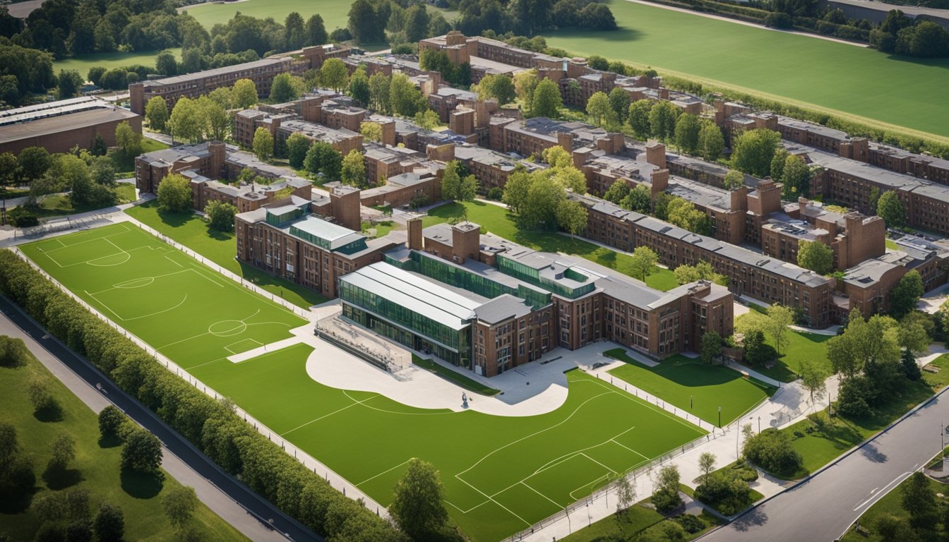 A diverse group of school buildings, including traditional brick structures and modern glass buildings, surrounded by green playing fields and playgrounds