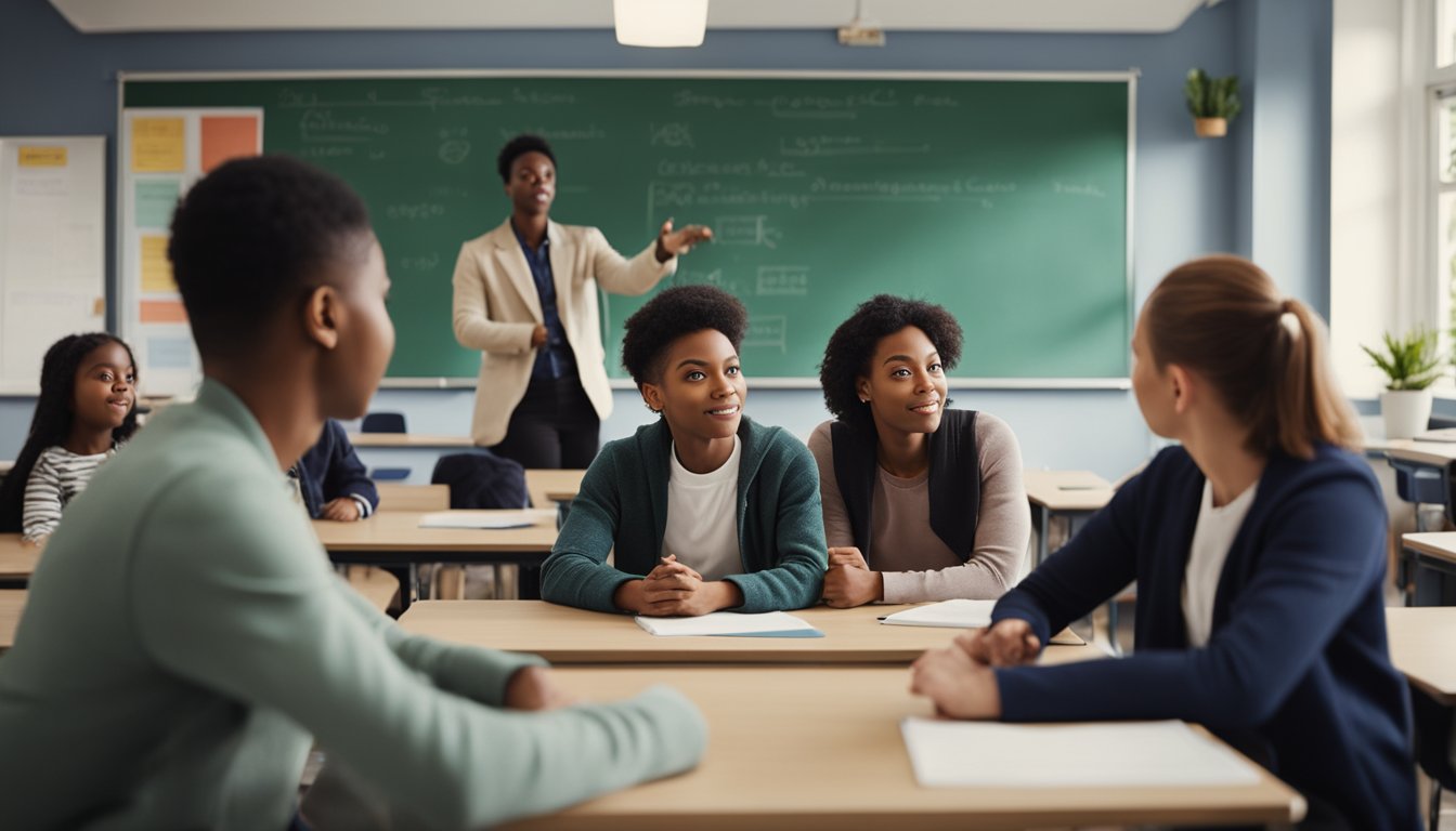 A classroom with diverse students and a teacher explaining the British education system to a group of parents