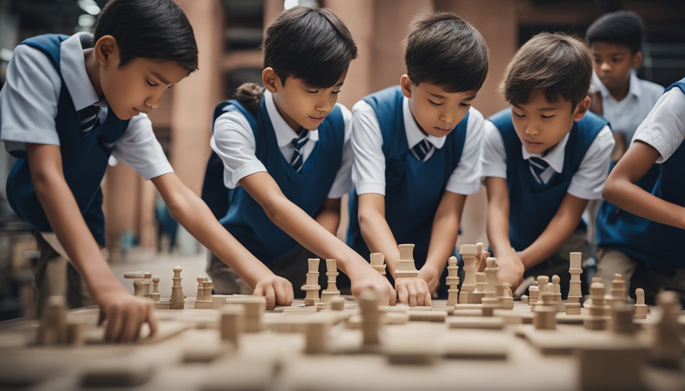 A group of school-age children working together on a challenging task, facing obstacles with determination and perseverance