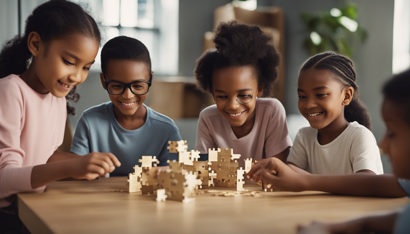 A group of diverse children working together to solve a challenging puzzle, showing determination and resilience in their efforts
