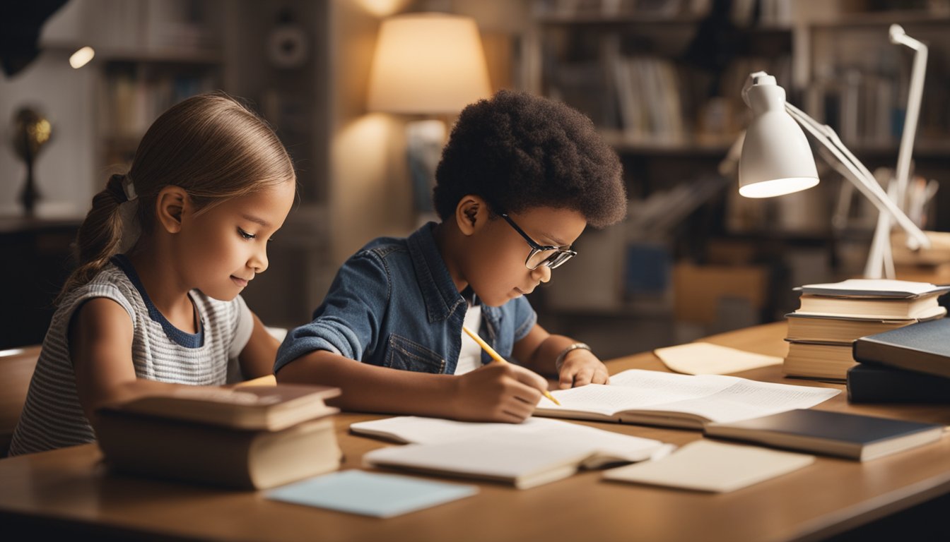 A child sitting at a desk with books, notes, and a pencil, surrounded by supportive family members offering encouragement and assistance