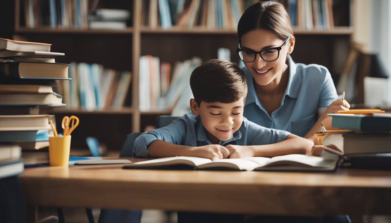 A parent and child sitting at a desk, surrounded by books and school supplies. The parent is helping the child study and prepare for upcoming exams