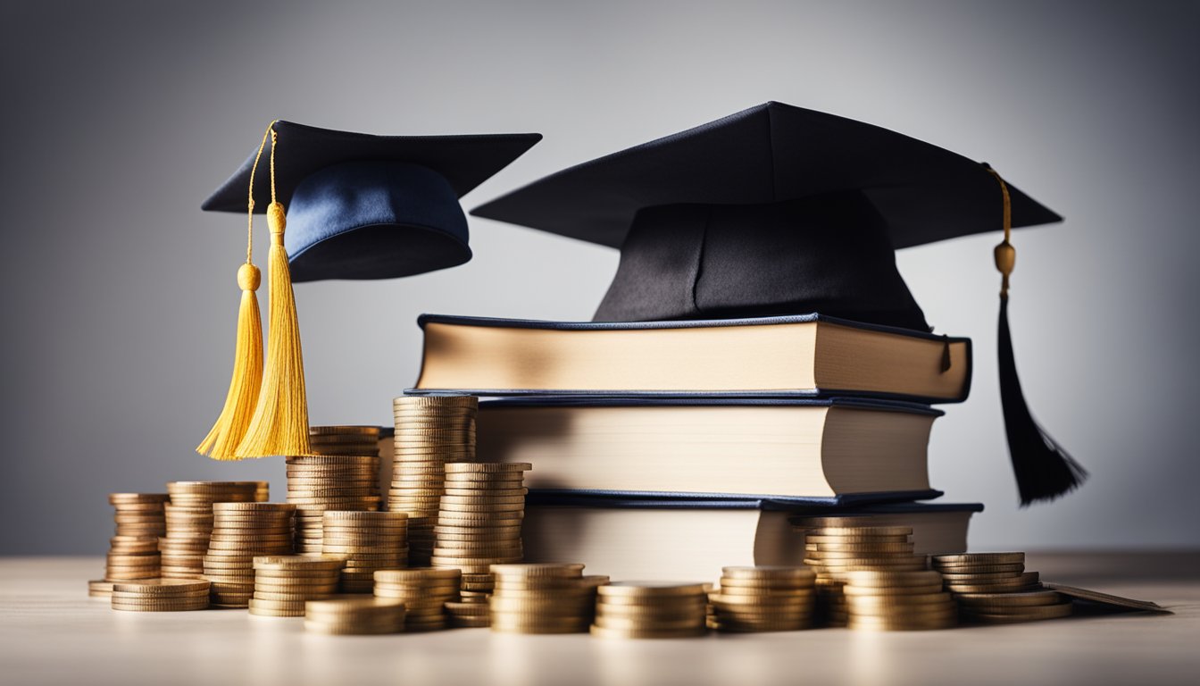 A stack of books with a graduation cap on top, surrounded by coins and a scale representing the balance of school funding