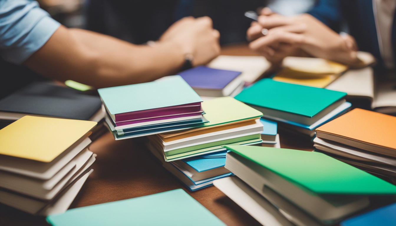 A student surrounded by books, using colorful flashcards, and engaging in group discussions