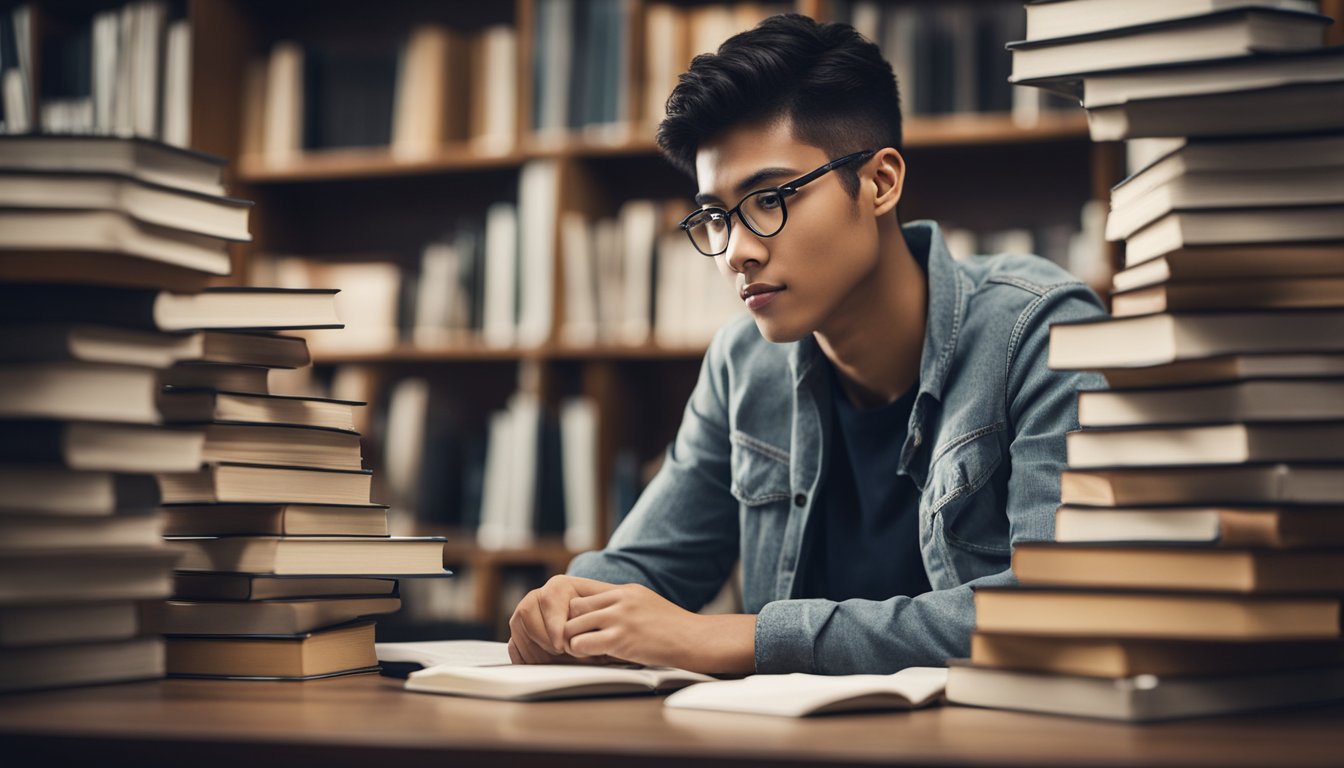 A student surrounded by books and study materials, actively engaging in various learning techniques such as note-taking, group discussions, and hands-on activities