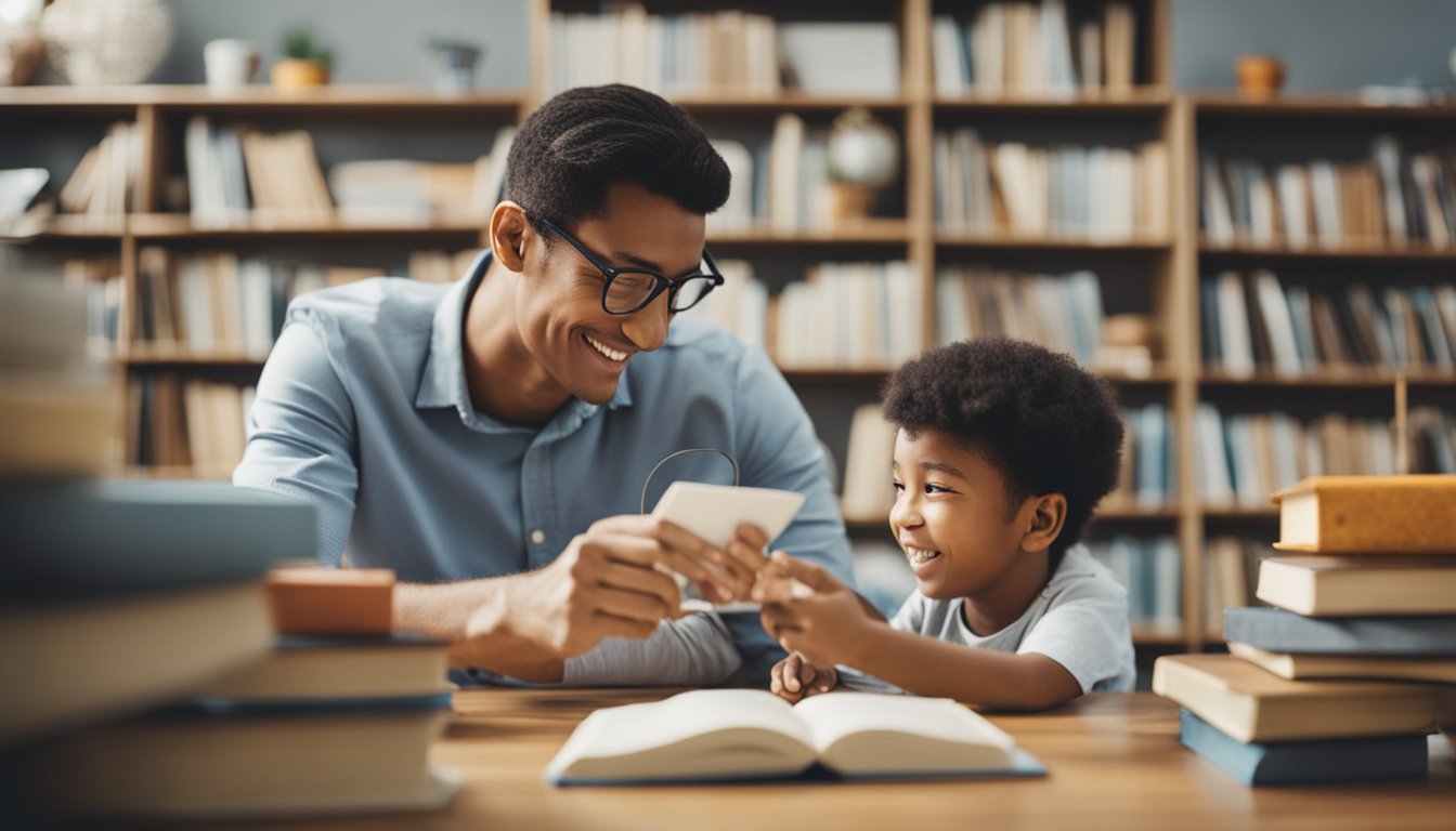 A parent and child engaged in learning activities together, surrounded by books, educational toys, and a peaceful, nurturing environment