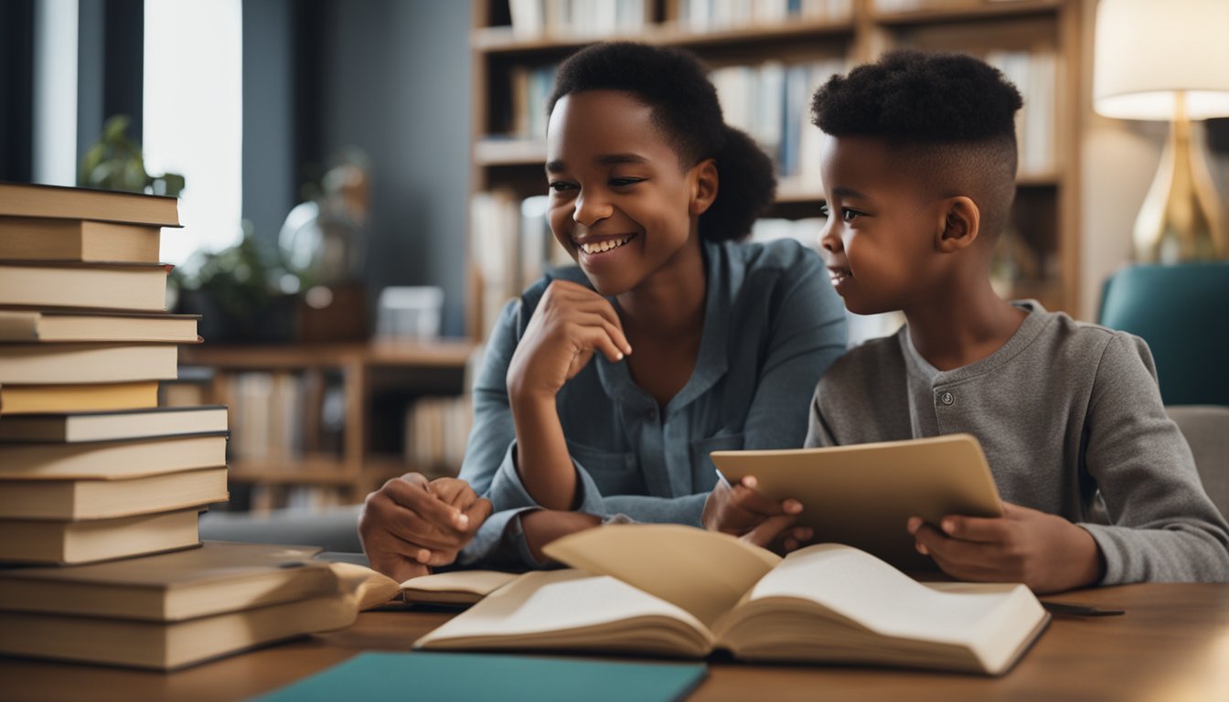 A parent and child sit together, surrounded by books and educational materials. The parent is engaged in conversation, while the child listens attentively