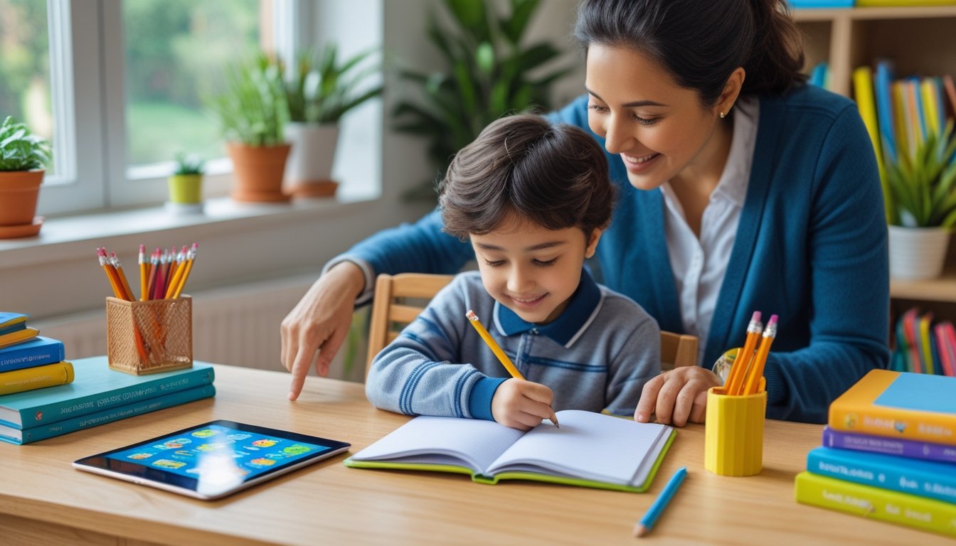 A child studying at a desk with an adult helping, surrounded by books and learning materials in a bright home room.