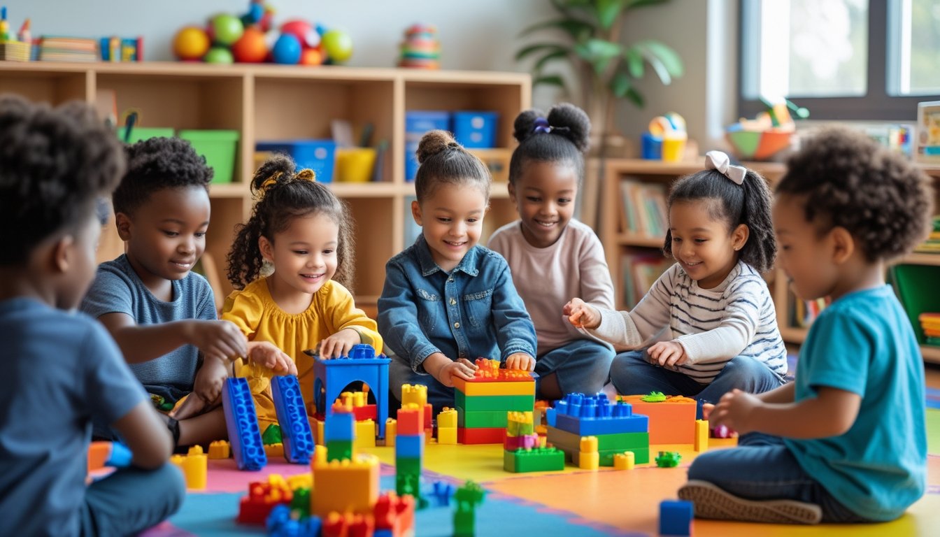 Young children playing together with blocks, costumes, and toys in a colourful classroom, engaged in different types of play that support their development.