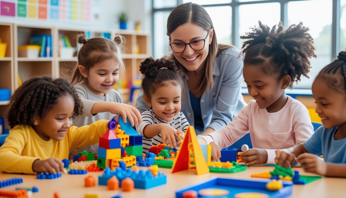 Young children playing and learning together in a bright classroom with a teacher guiding them.