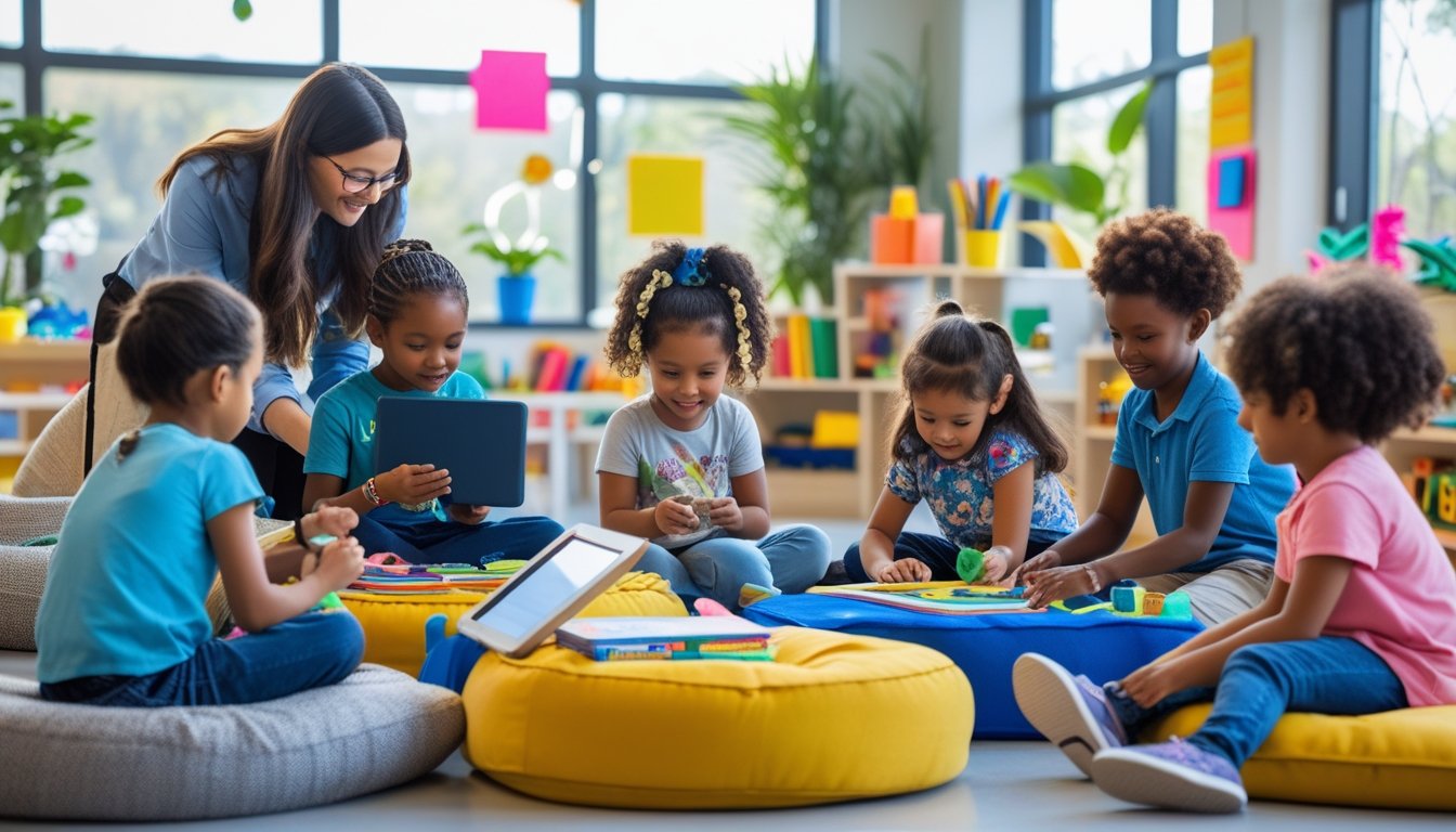 A group of children from diverse backgrounds learning together in a bright, open classroom with various educational materials and adults supporting them.