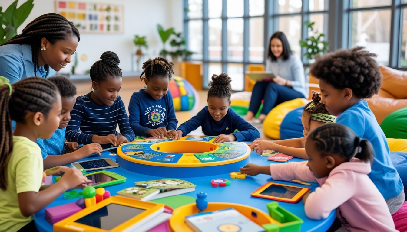 Children engaged in different learning activities in a bright indoor space with a teacher guiding them.