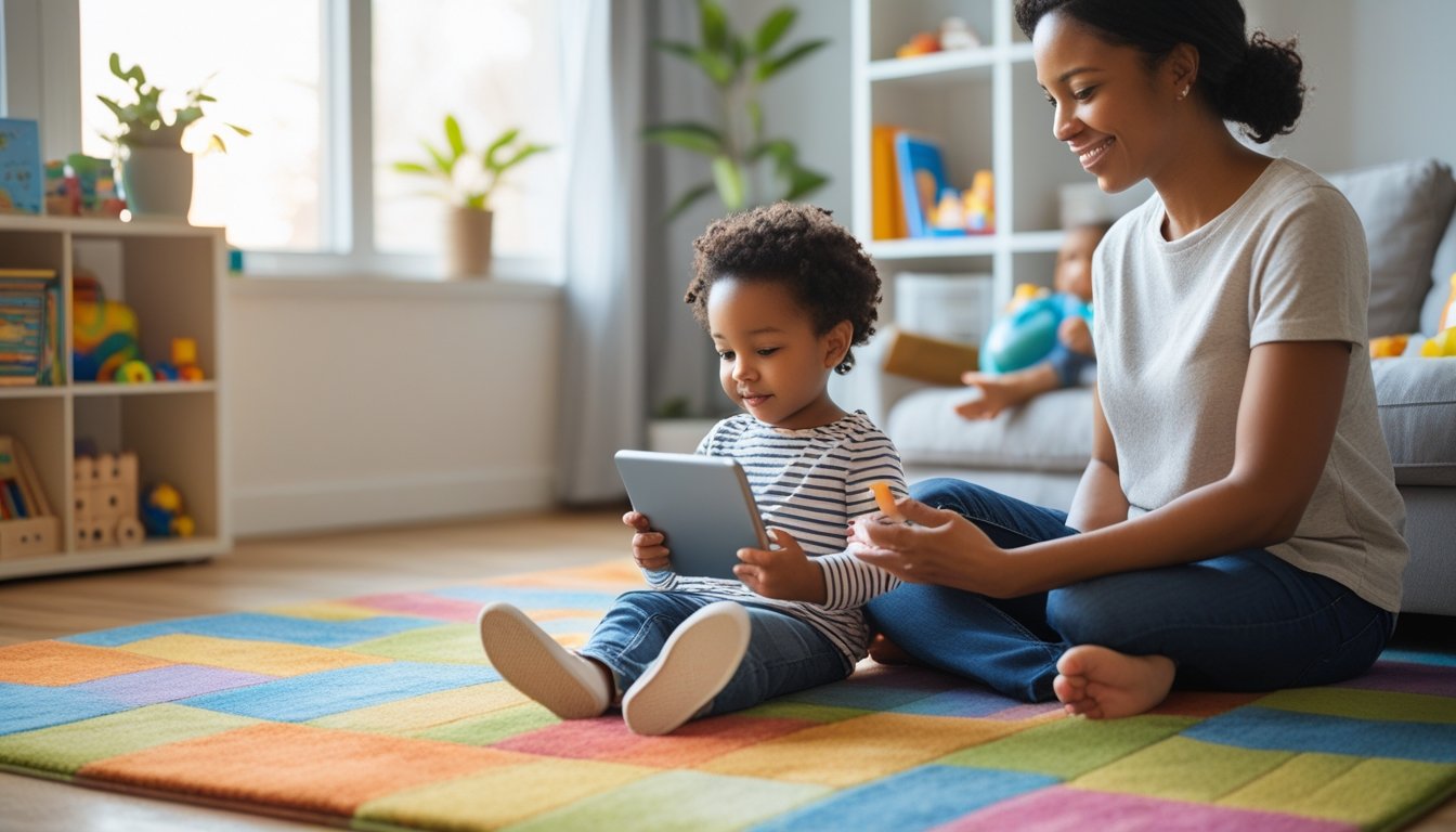 A child sitting on a rug using a tablet and holding a book, with a smiling adult beside them in a bright living room.
