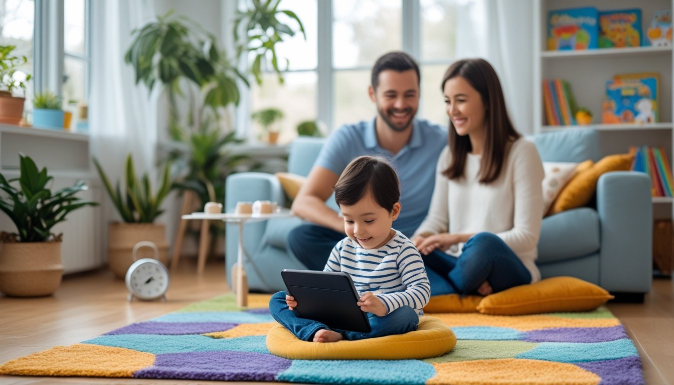 A child sitting on a rug using a tablet with a smiling parent nearby in a bright living room.