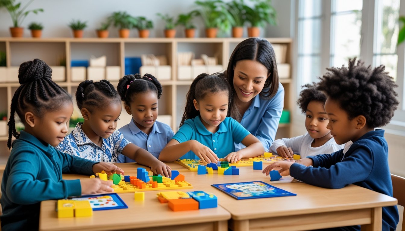 Young children sitting at a table in a classroom, focusing on educational activities with a teacher nearby.