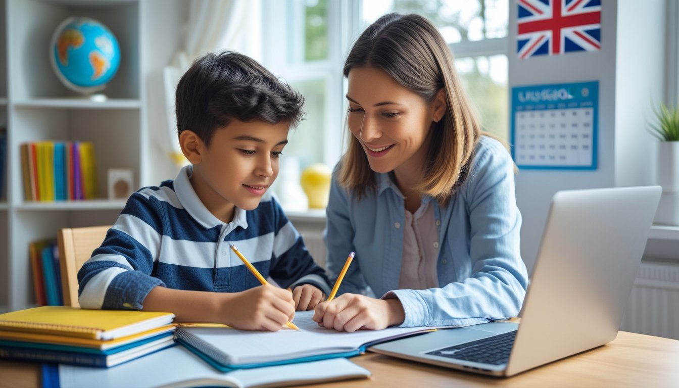 A parent helping their child with schoolwork at a table in a bright home, with educational materials and a small British flag in the background.