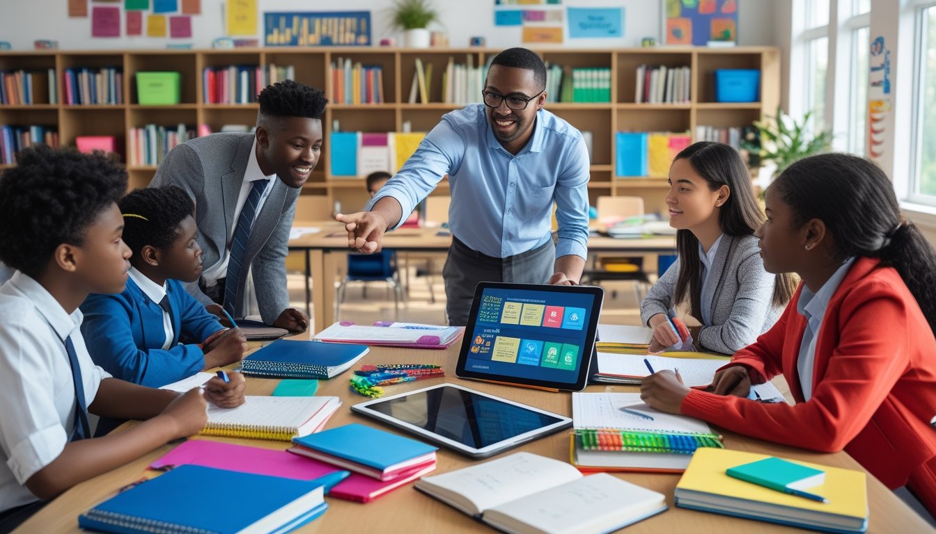 A teacher and diverse students working together around a table with educational materials in a bright classroom.