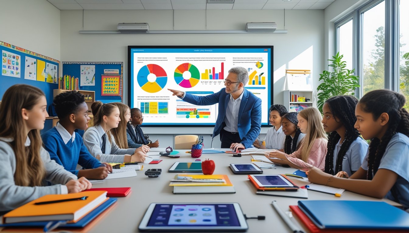 A teacher and diverse students working together in a bright classroom with digital and traditional learning materials.