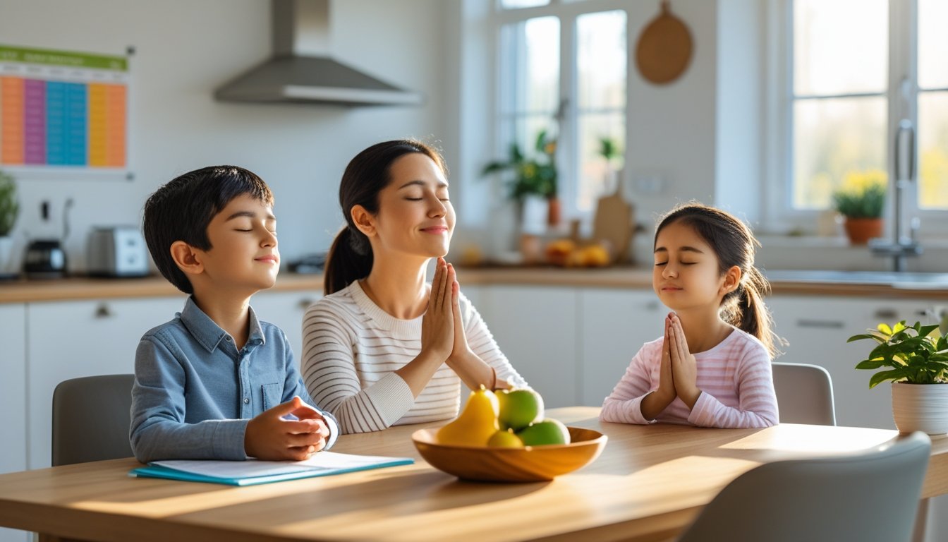 A mother and her two young children sitting at a kitchen table with their eyes closed, practising mindful breathing together in a bright, sunlit room.