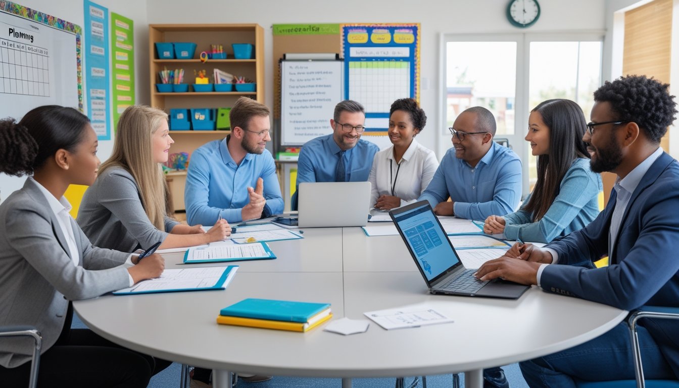 Teachers and parents sitting around a table in a classroom, discussing plans and taking notes during a meeting.