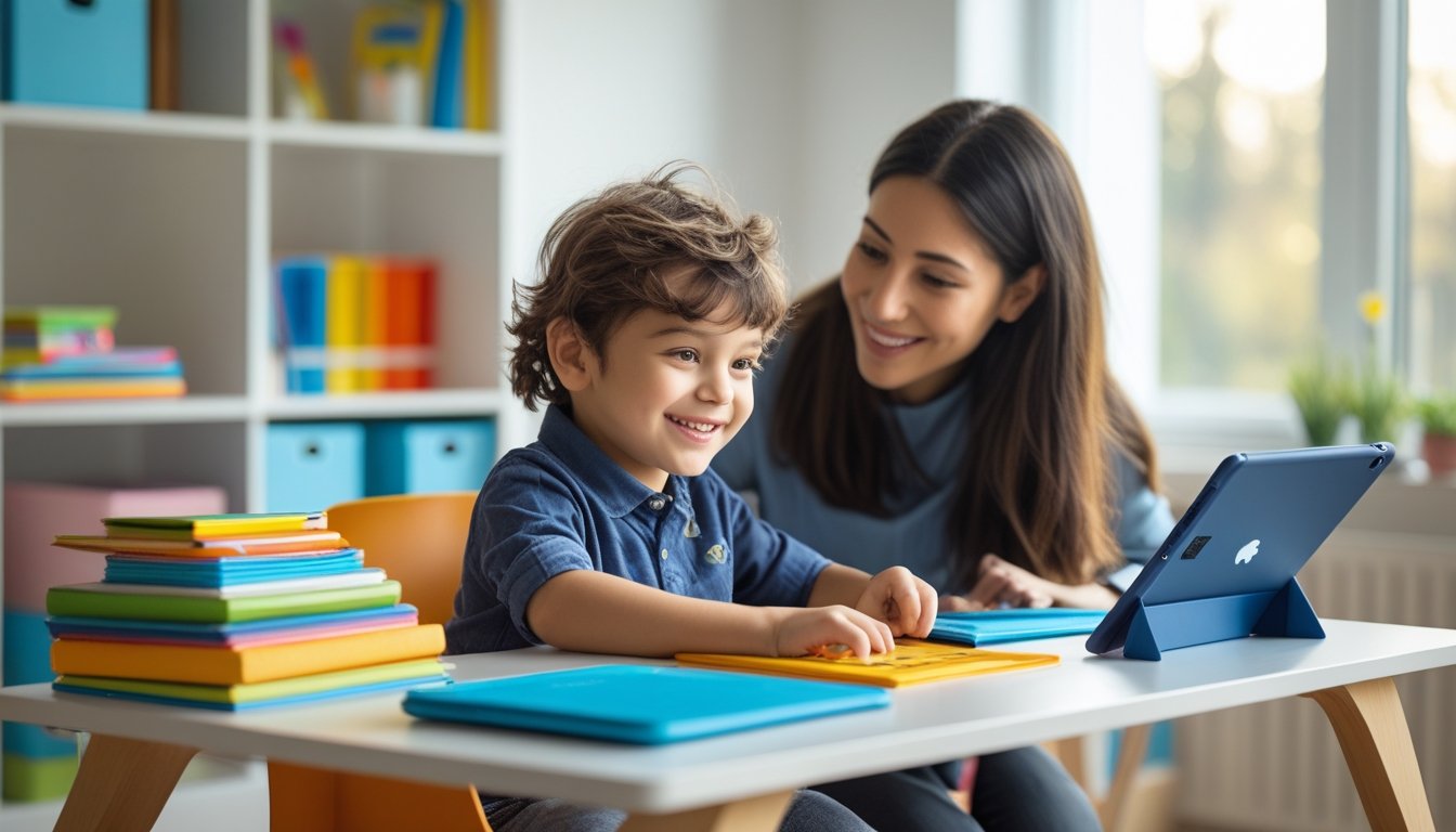 A child learning at a desk at home with a parent nearby, surrounded by books and educational materials in a bright room.