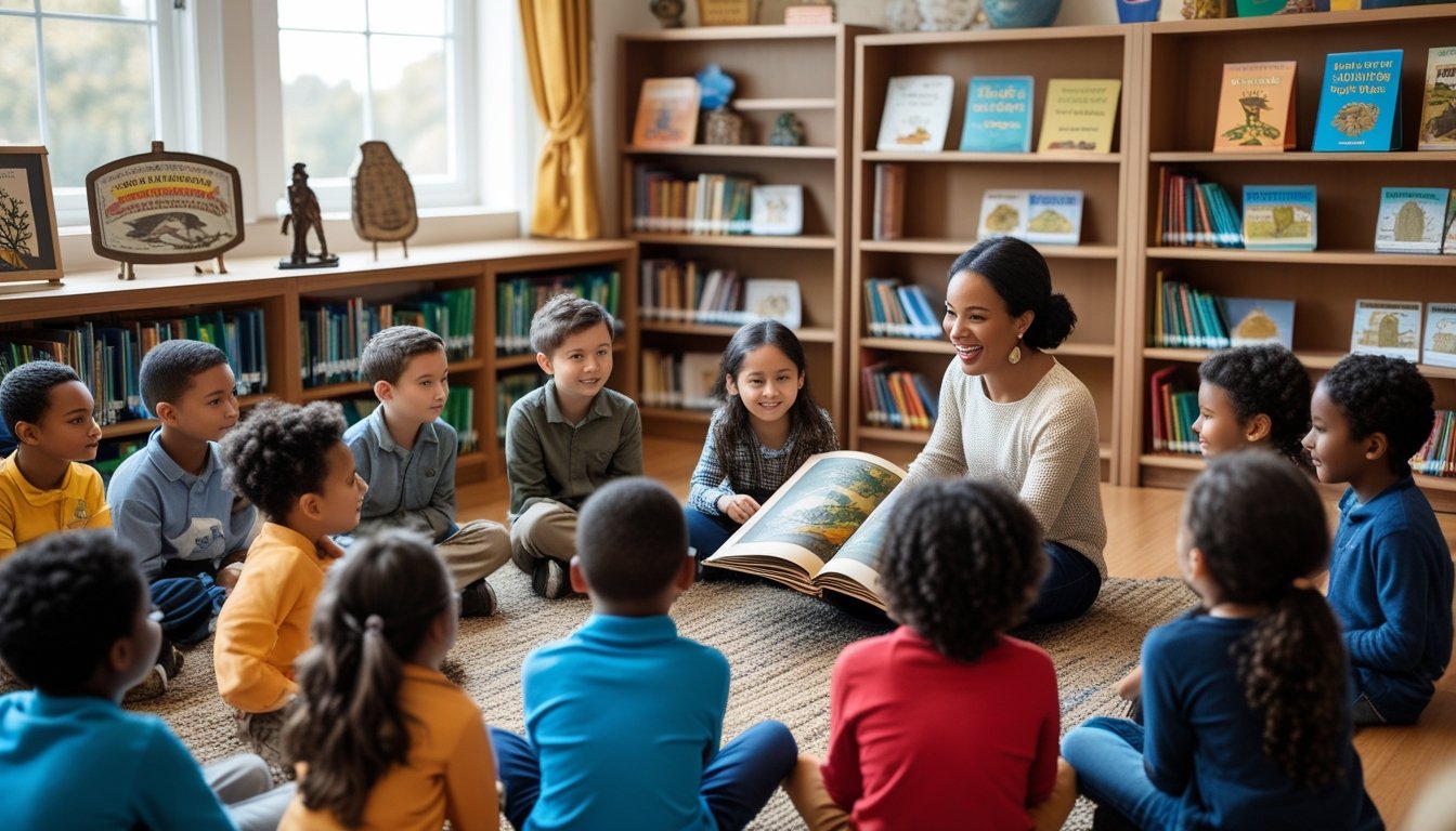 A group of children listening attentively to an adult storyteller in a classroom filled with books and historical items.