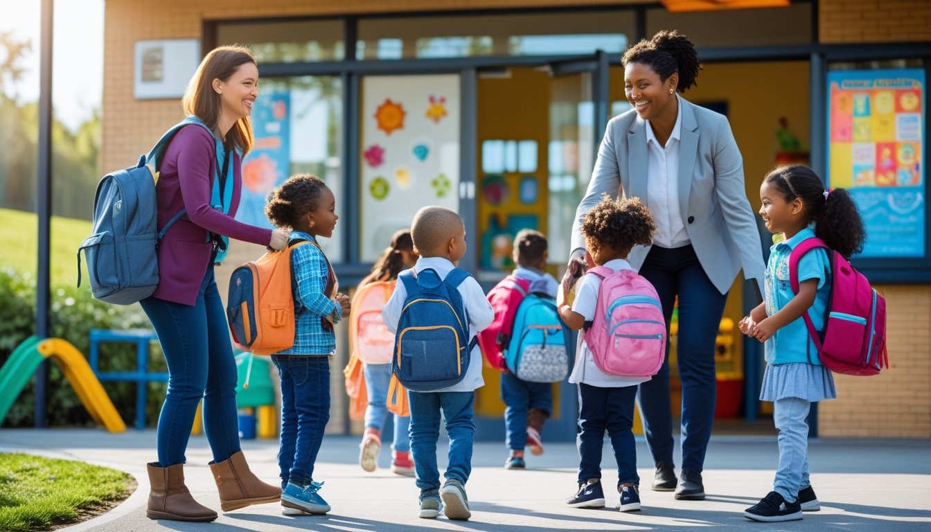 Children with parents being warmly welcomed by a teacher at the entrance of a school building on a bright day.