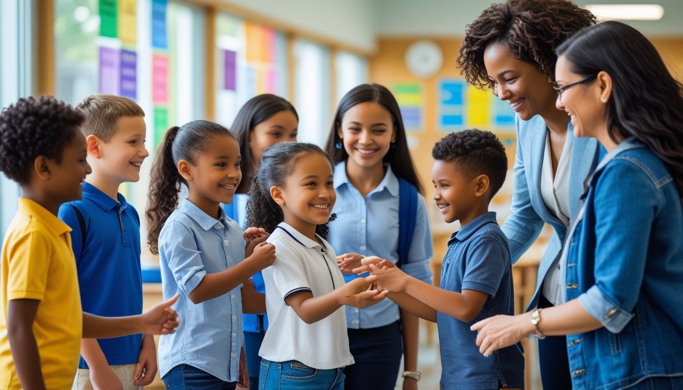 Children and adults interacting supportively in a school setting during a transition moment, with smiles and positive engagement.