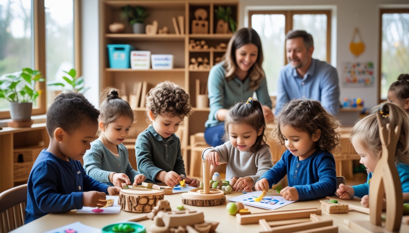 Children and a teacher engaged in creative activities in a bright classroom, with a parent observing nearby.