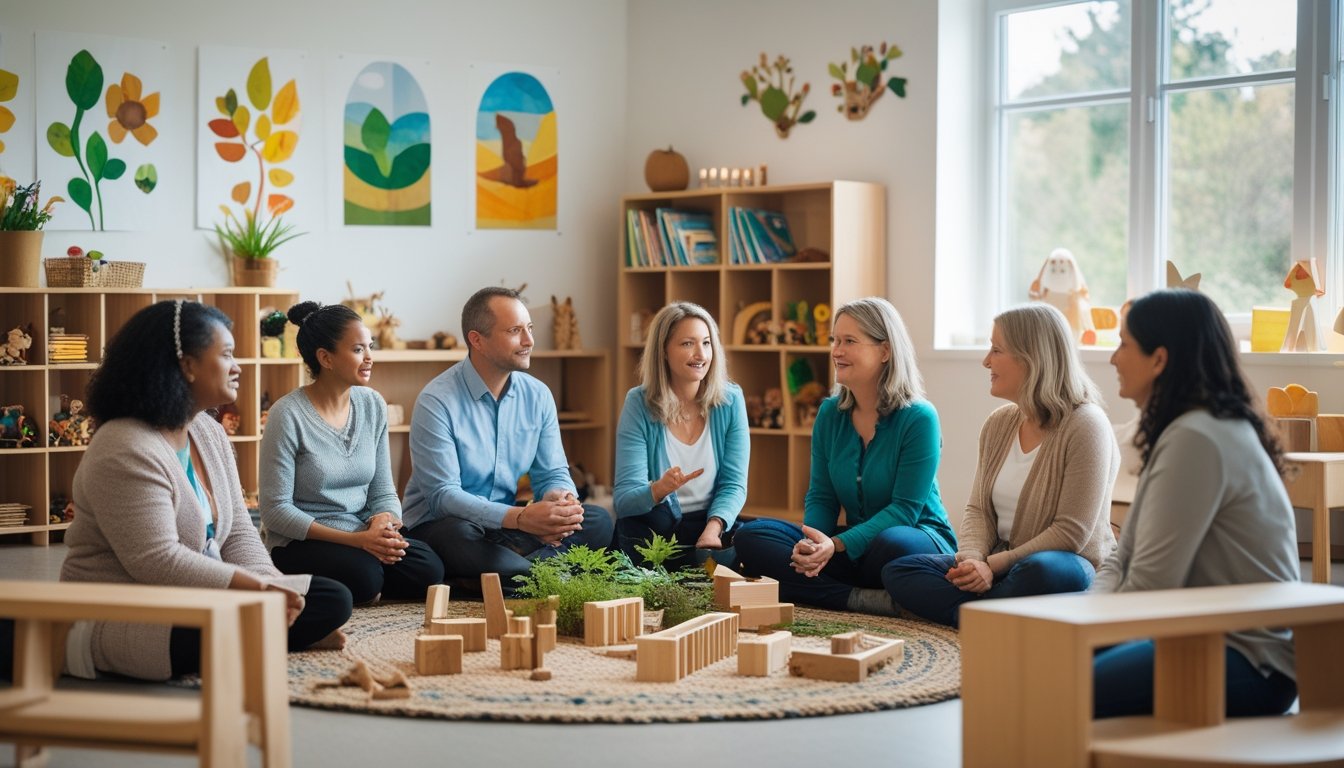 Parents attentively listening to a teacher in a warm classroom filled with natural materials and colourful artwork.