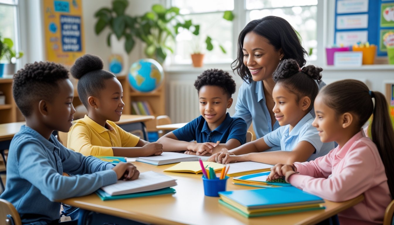 Children sitting at a classroom table with a teacher, focused and engaged in learning activities.